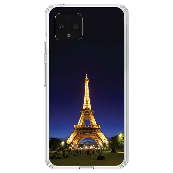 DistinctInk Clear Shockproof Hybrid Case for Google Pixel 4 (5.7" Screen) - TPU Bumper, Acrylic Back, Tempered Glass Screen Protector - Eiffel Tower Paris Night - Show Your Love of Paris