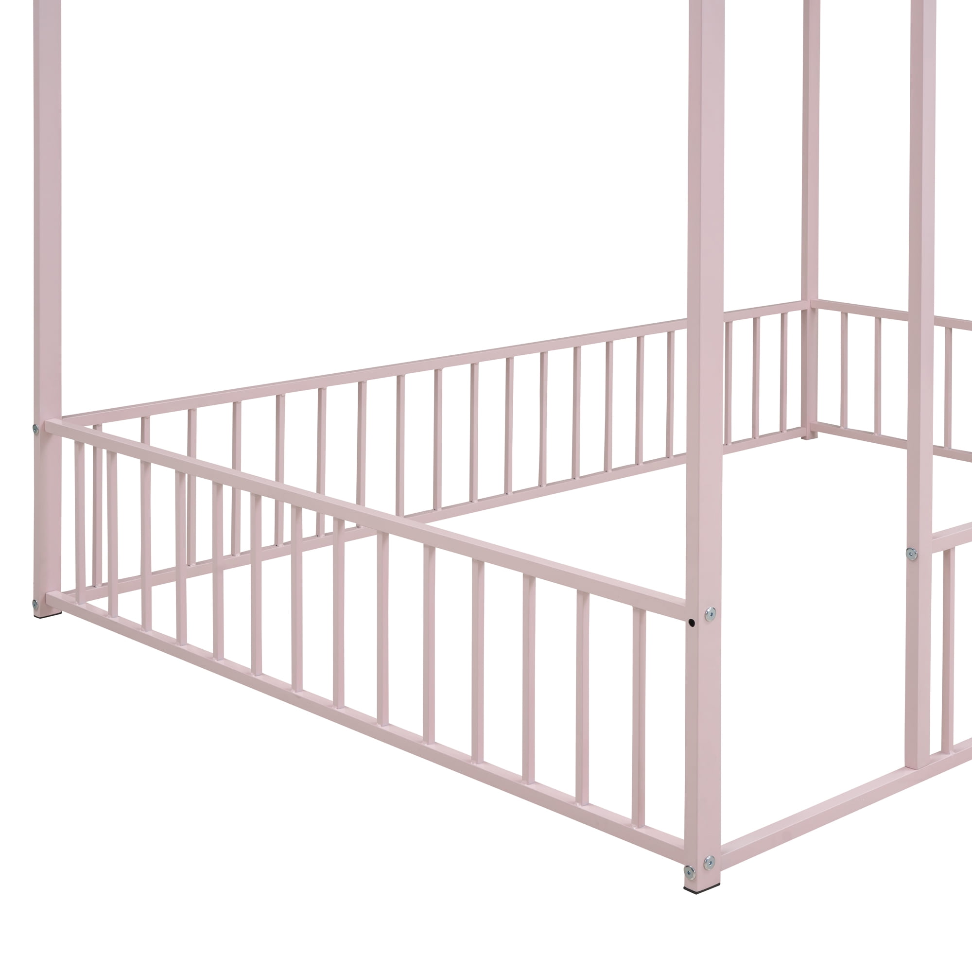Full Size Metal House Bed Frame with Rails, Montessori Floor Bed  without Slats (Pink)
