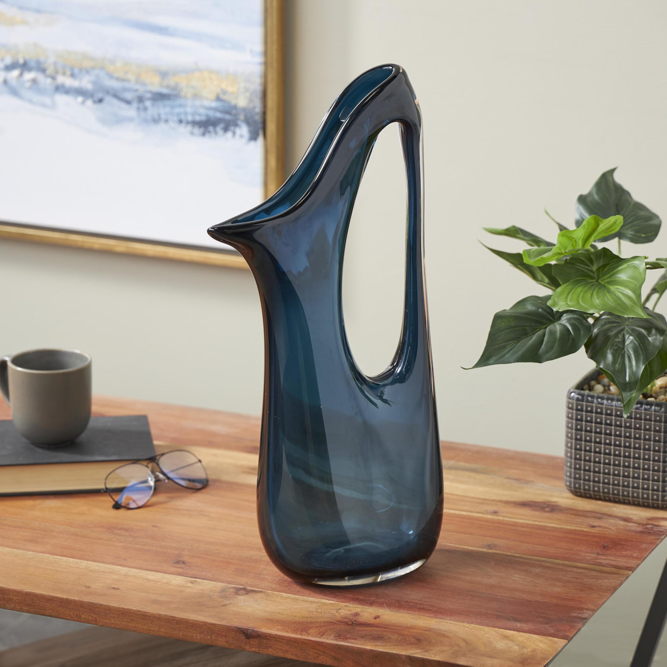 DecMode 21" Abstract Ombre Blue Glass Vase with Cutout Handle and Elongated Opening