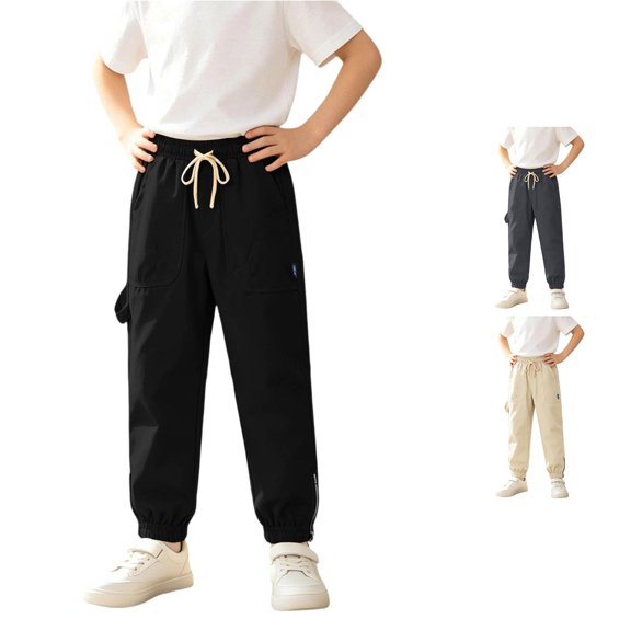XAOFW Slim Fit Boys Cargo Pant With Elastic Drawstring Waist Solid Color Straight Leg Trousers Kids Back To School Jogger Pants Comfortable Bottom 9-10 Years