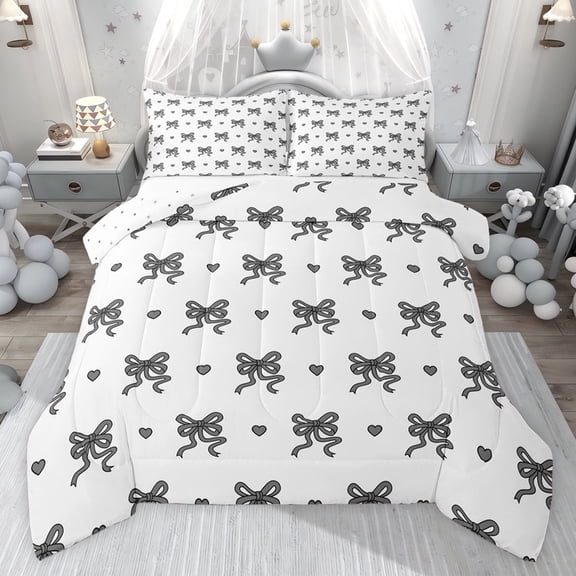 jejeloiu Cartoon Bowknot Loves Twin Comforter Sets,Black Kawaii Love Bedding Set For Girl Reversible 2pcs