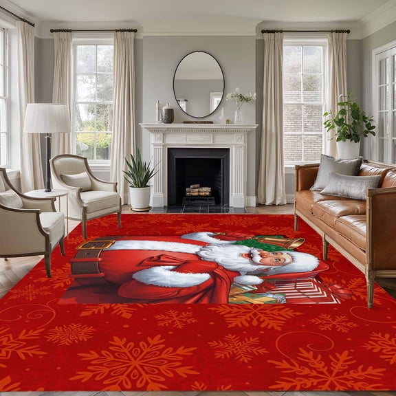 5'x7' Area Rugs for Living Room Bedroom, Red Christmas Santa Claus Washable Rug Carpet Runner Indoor Outdoor, Snowflakes Winter Xmas Gifts Non Slip Floor Mats Area Rug for Kitchen, Nursery