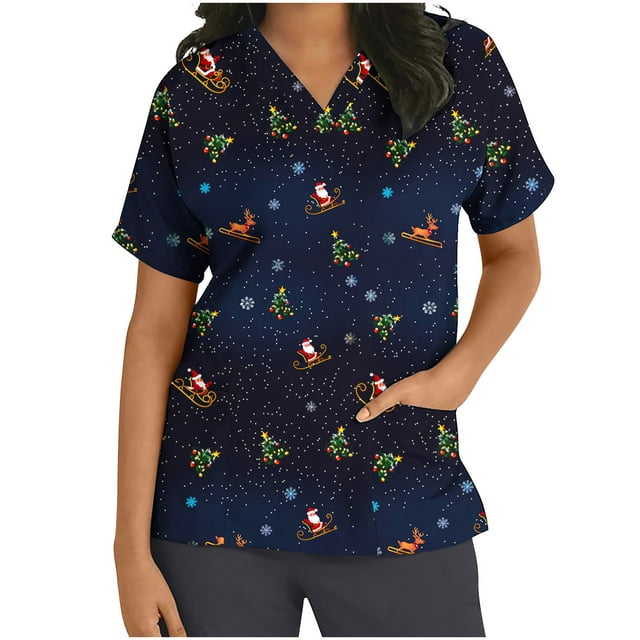 Hauts de Sarrau de Noël pour Femmes, Drôles et Laids, T-Shirts de Noël Imprimés à Manches Courtes, Anti-Froissement, Col en V, Uniforme d'Infirmière, Hauts des Fêtes avec Poches