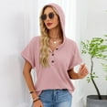 thumbnail image 3 of yillto Women's Short Sleeve Tops with Hoodies Drawstring Button V Neck Casual Blouses Shirts Spring Summer Outfits, 3 of 7