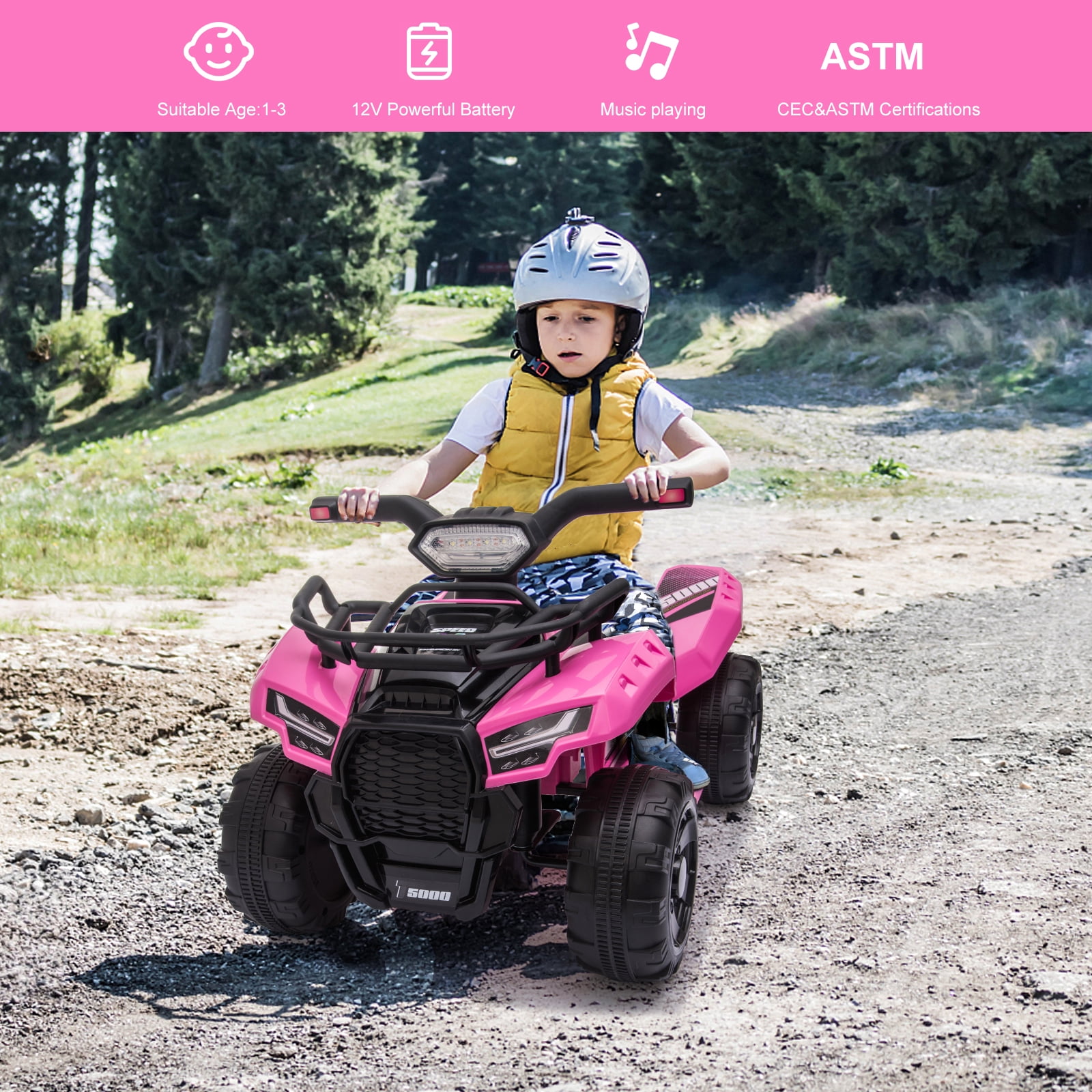 Kids Ride on ATV 6V Battery Powered, 4 Wheeler Electric Vehicle with Horn, MP3, Headlight, Best Gift for 18-36 Months Boys Girls, Adjustable Volume USB Toy Car（Pink）