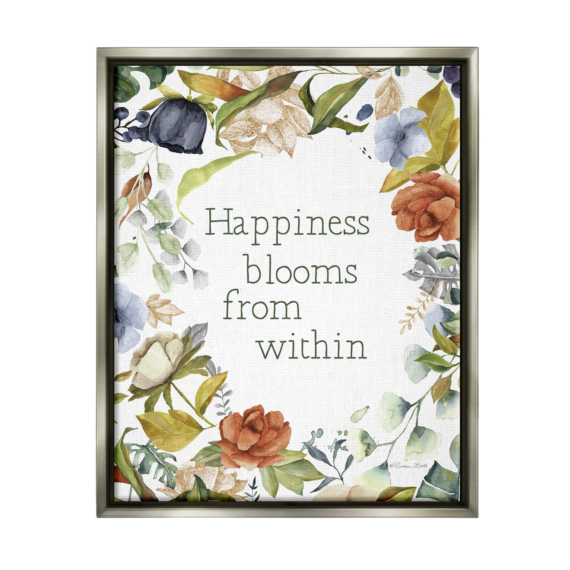 Stupell Industries Happiness Blooms From Within Comforting Floral Border Graphic Art Luster Gray Floating Framed Canvas Print Wall Art, Design by Susan Ball