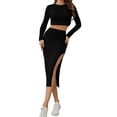 thumbnail image 3 of Casual Women'S Maxi Dress Long Sleeves Women'S Skirt Set Women'S Solid Color Casual Slim Fit Small Round Black S, 3 of 8