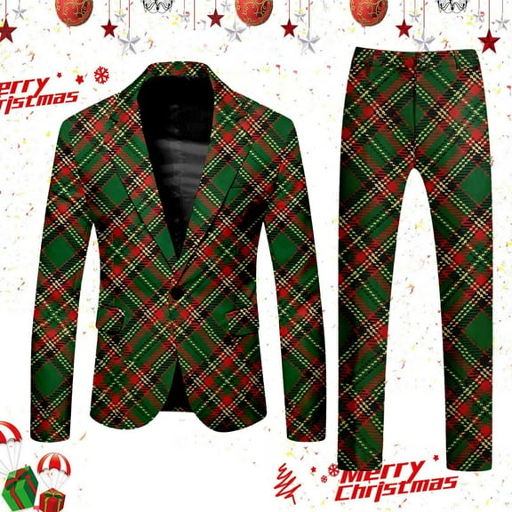 Christmas Suits for Men 2 Piece Casual Xmas Plaid Printed One Button Jacket and Pant Set Slim Fit Business Office Suits