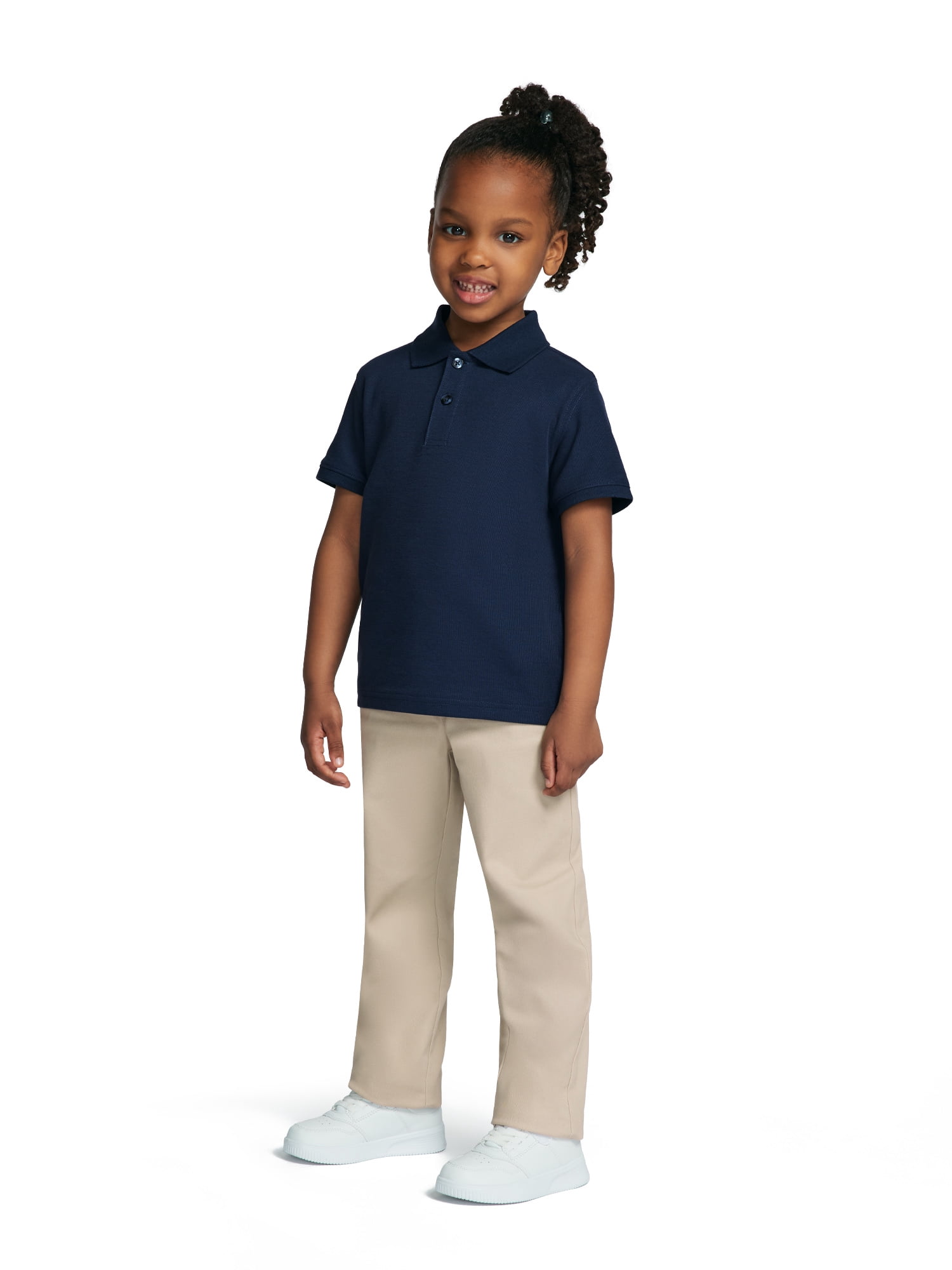 Wonder Nation Toddler Girls School Uniform Short Sleeve Interlock Polo Shirt, 2-Pack
