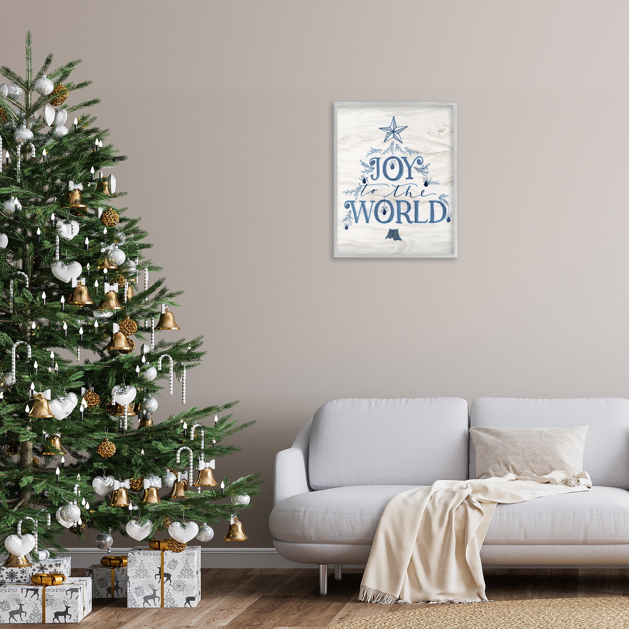 Stupell Industries Joy To World Tree Holiday Painting Gray Framed Art Prints Wall Art, 24 x 30