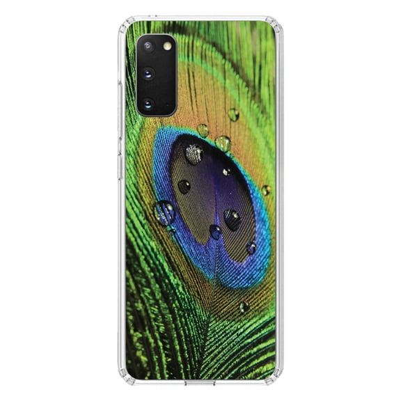 DistinctInk Clear Shockproof Hybrid Case for Galaxy S20 ULTRA / 5G (6.9" Screen) - TPU Bumper, Acrylic Back, Tempered Glass Screen Protector - Peacock Feather Close Up - Animal Print