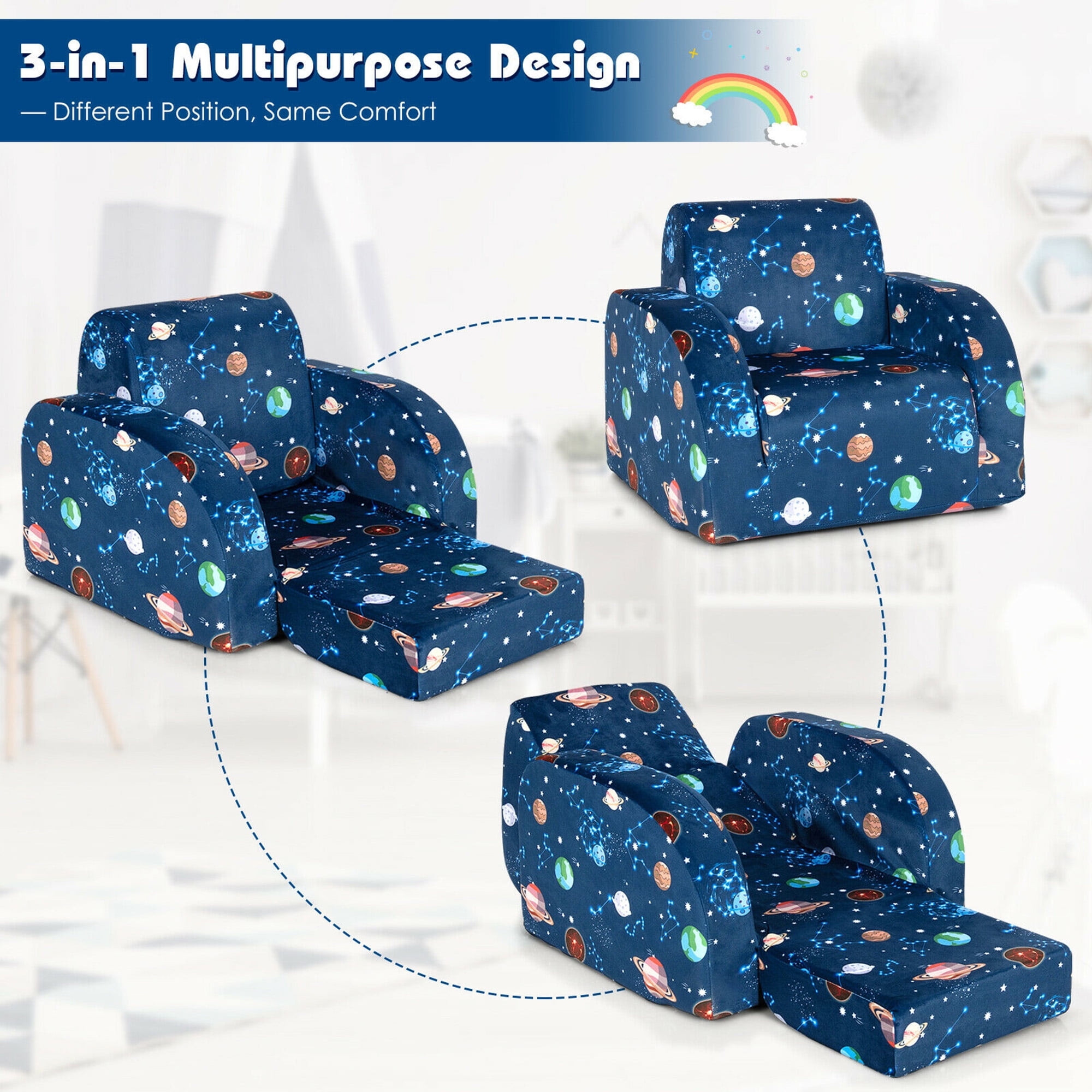 Gymax 3-in-1 Convertible Kid Sofa Bed Flip-Out Chair Lounger for Toddler Blue