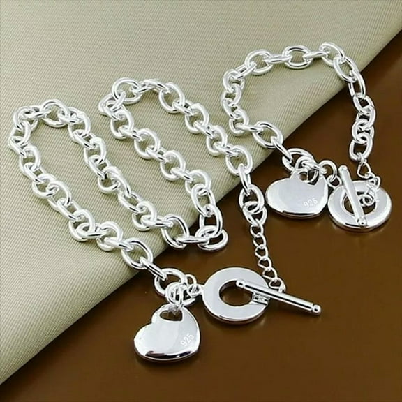 GKNET 925 Silver Heart Pendant Toggle Bracelet Necklace Sets for Women Charm Jewelry