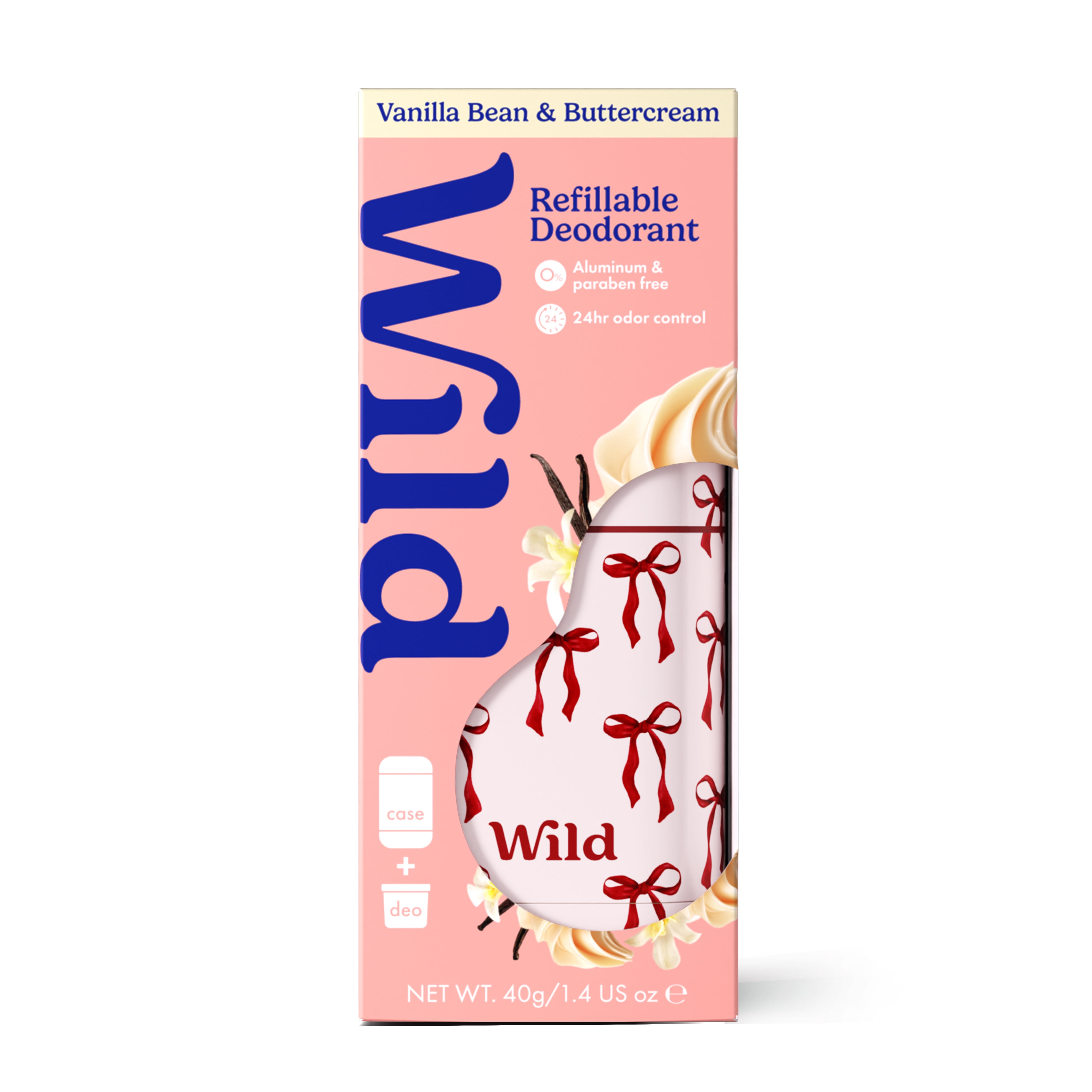 Wild Refillable Deodorant Starter Pack - Aluminum Free. Bow Case + Vanilla Bean & Buttercream Refill, for Women and Men, 1.4oz