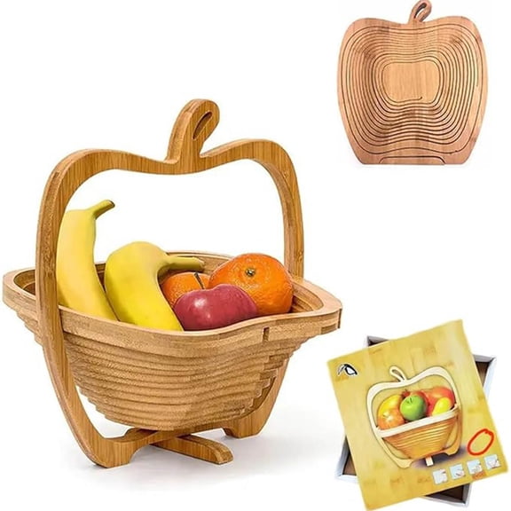 Bowayaoa Fruit Shaped Foldable Wooden Fruit Basket, Rotatable Multi-use Storage Tray, Space Saving Organizer Bowl for Kitchen Vegetable Snack Bread Home Party Decor Gift