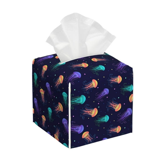 Vsdgher Sea Jellyfish Pattern Tissue Box Cover Holder, Square with Bottom Belt by Leather Decorative Organizer for Tabletop, Bathroom, Car, Office