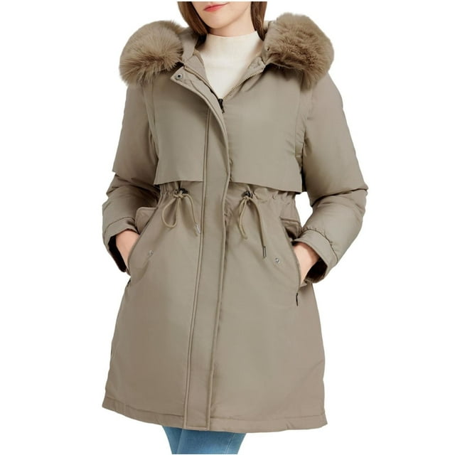 Doudounes d'Hiver pour Femmes, Col à Revers, Mode, Rembourrées, avec Velours, Manches Longues, Kaki, TTG