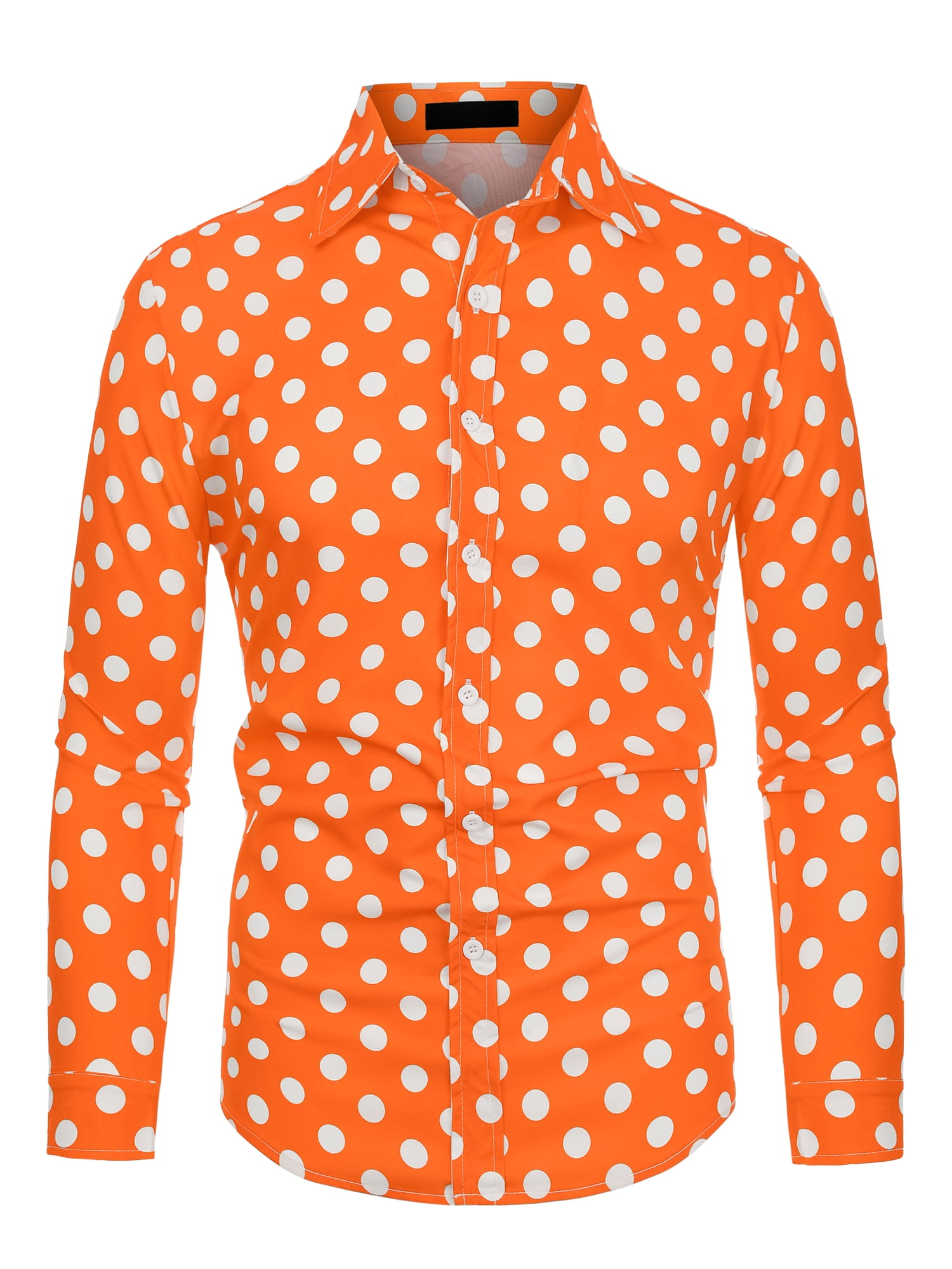 Unique Bargains Men's Long Sleeve Button Slim Polka Dots Shirt 46 Orange