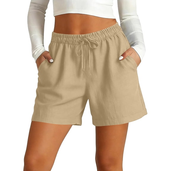 HKYNLAG Womens Cotton Linen Shorts Plus Size Elastic Waist Bermuda Shorts Casual Drawstring Lounge Shorts for 2026 Summer Vacation Khaki M