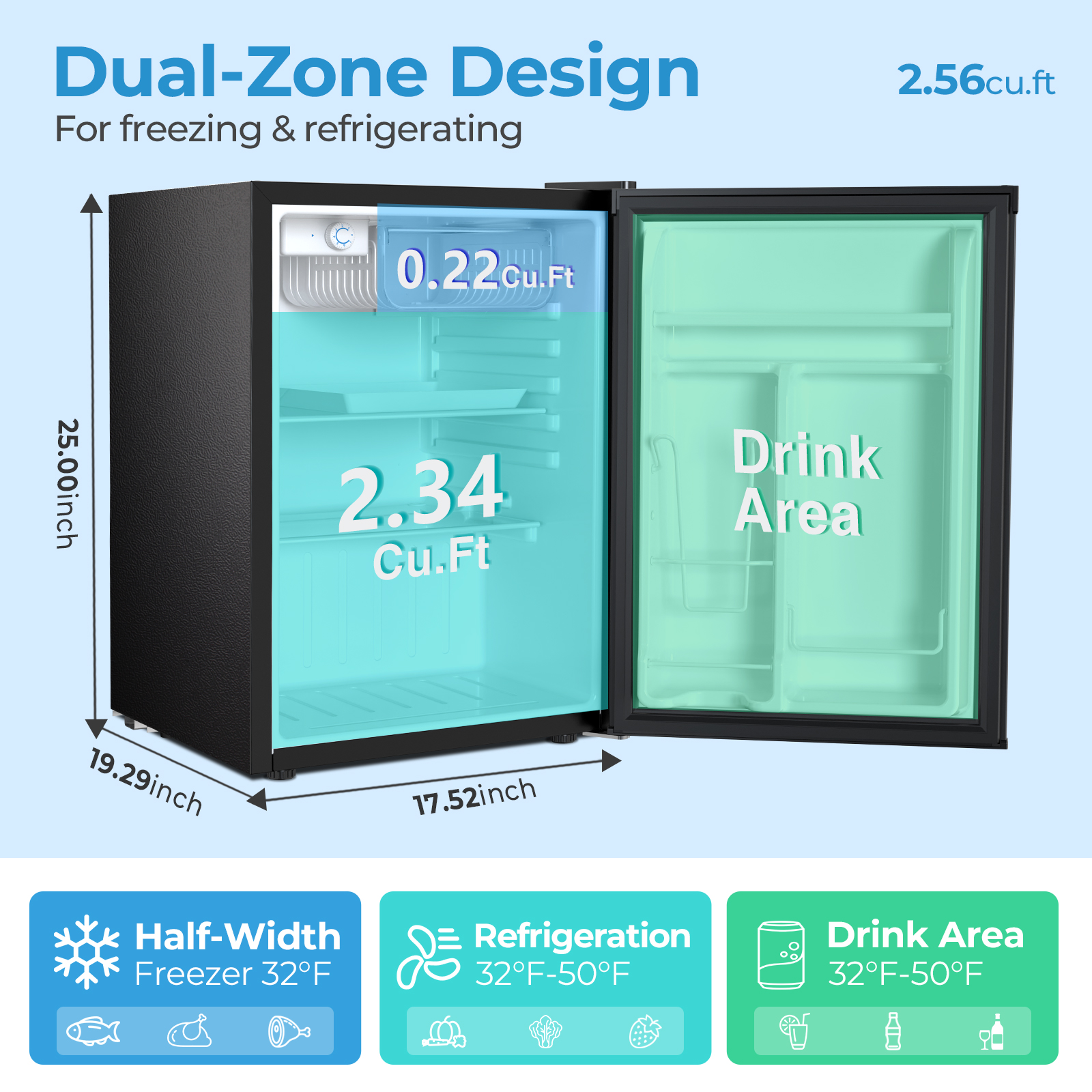 WAA 2.6 Cu.Ft Mini Fridge with Freezer, Single Door Compact Refrigerator BLACK