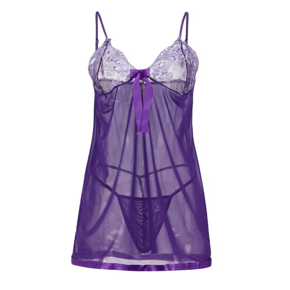 Lace Suspender Slim Seductive Fashion Nightdress Lingerie for Women Purple L