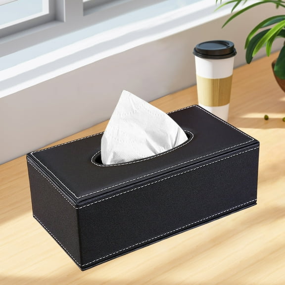 AuroraX Black Tissue Box Cover, Non-Skid Rectangular PU Leather Facial Paper Tissue Box, Office Countertop Living Room Dorm Decor