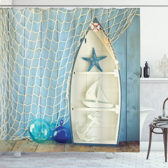 Nautical Shower Curtain, Sea Objects on Wooden Backdrop with Vintage Boat Starfish Shell Fishing Net Photo, Fabric Bathroom Set with Hooks, 69W X 75L Inches Long, Blue White, by Ambesonne