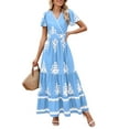 thumbnail image 2 of Womens 2025 Summer Casual V Neck Boho Maxi Dress Flowy Aline Bell Sleeve Tiered Floral Dresses with Pocket Light Blue S, 2 of 7