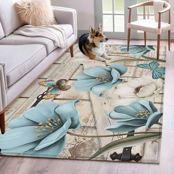 3'x5' Rug for Living Room Bedroom, Teal Blue Tulips Washable Area Rugs Non-Slip Carpet Mats, Spring Floral Barn Doors Vintage Wood Beige Indoor Low Pile Area Rug Runner for Kitchen, Mudroom