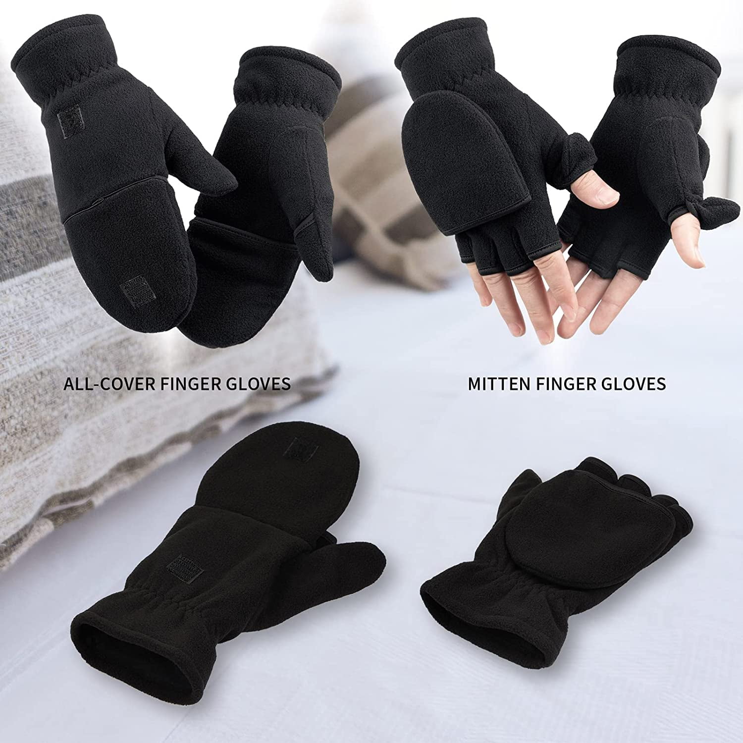 LAICAIW Thin Convertible Fingerless Winter Gloves Flip Top Mitten