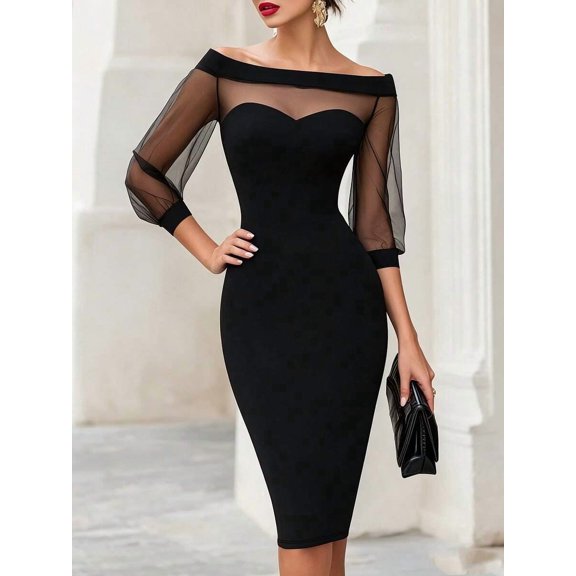 Women Off Shoulder Mesh Patchwork 3/4 Sleeve Midi Dress Sweetheart Neck Bodycon Evening Party Dress