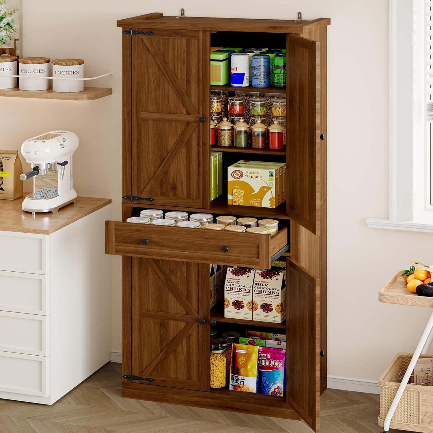 FANRAL 70” Tall Pantry Organizers and Storage Cabinet with Barn Doors & Drawers,Adjustable Shelf,Tall Pantry for Kitchen Dining Room Living Room Bedroom,Walnut Pantry Cabinet