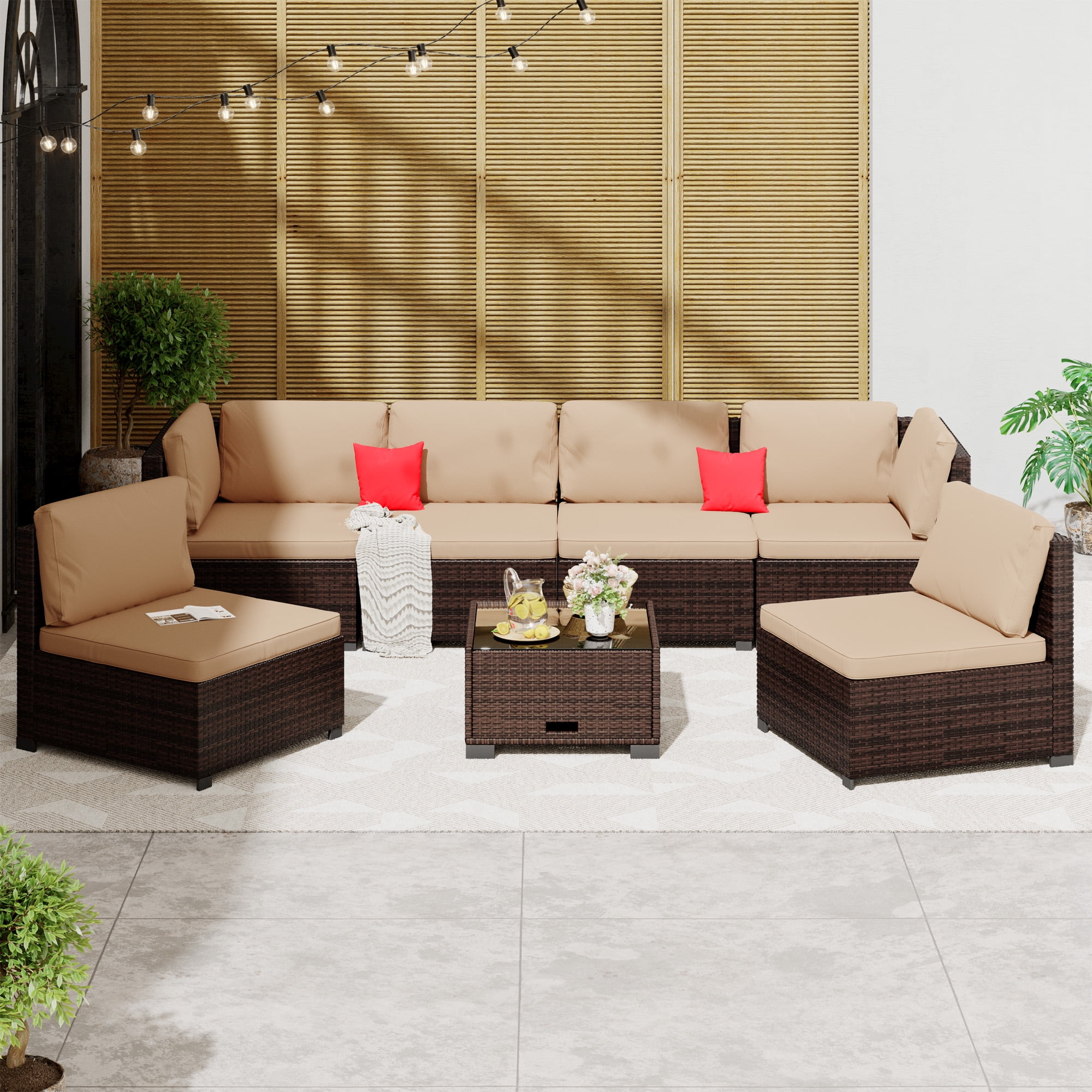LHBcraft 7-Piece Outdoor Patio Furniture Set, All-Weather PE Rattan Sectional Sofa with Cushions and Coffee Table