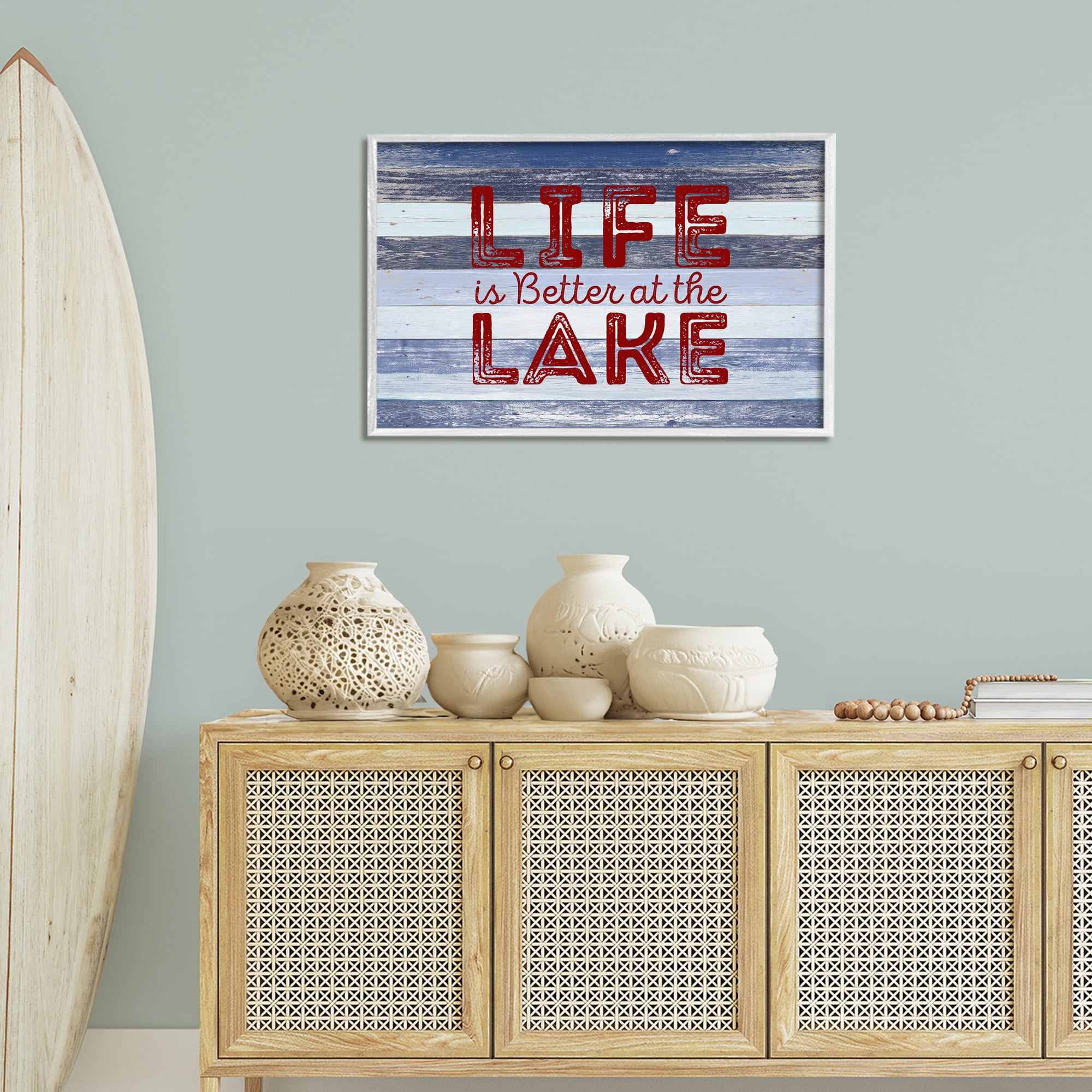 Stupell Industries Life At Lake Striped Coastal Painting White Framed Art Print Wall Art, 30 x 20
