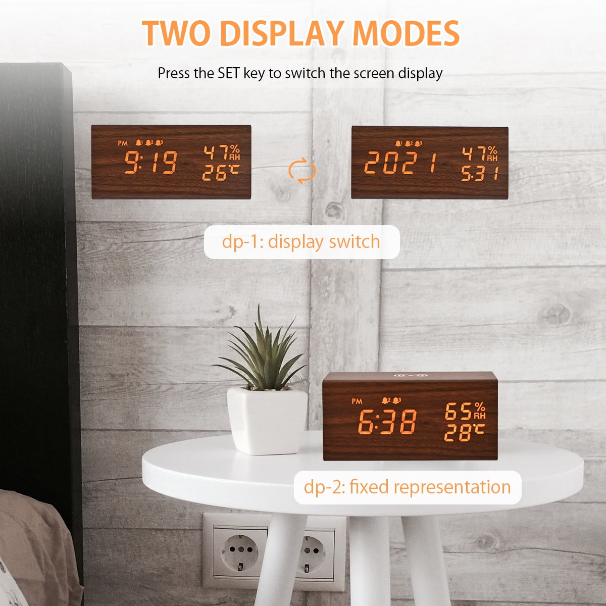 ELECTIME Wooden Digital Alarm Clock with Wireless Charging, Bluetooth Speaker, Temperature, Humidity