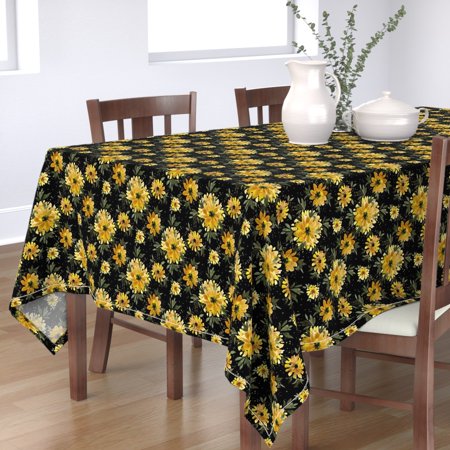 

Cotton Sateen Tablecloth 70 x 108 - Sunflower Black Floral Vintage Style Yellow Dots Gold Boho Flower Print Custom Table Linens by Spoonflower