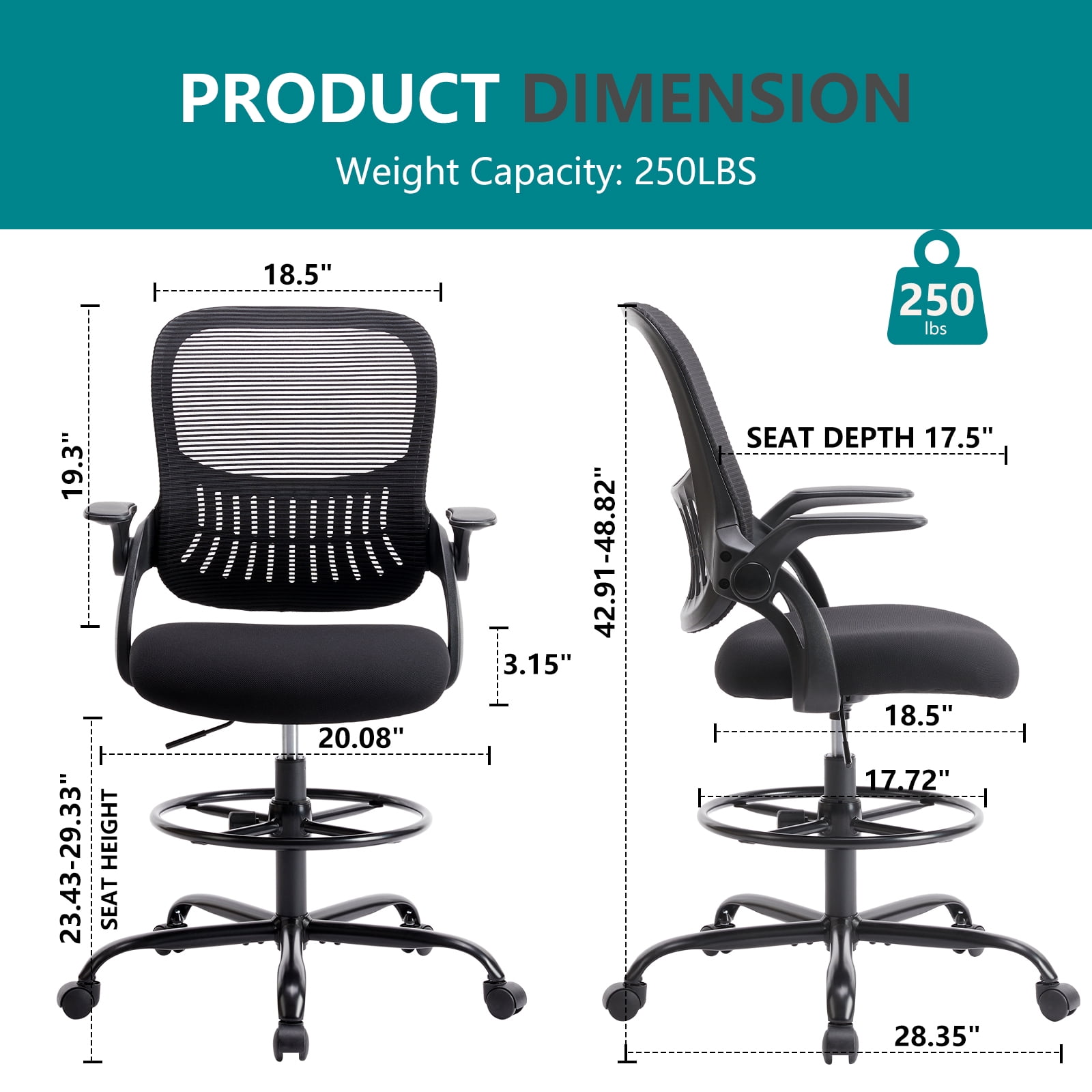 JOINSUN Office Chair, Ergonomic Tall Mesh Office Chair with Storable Lumbar Support, Adjustable Foot Ring and Armrests, Mid Back High Task Chair with Wheels, Black