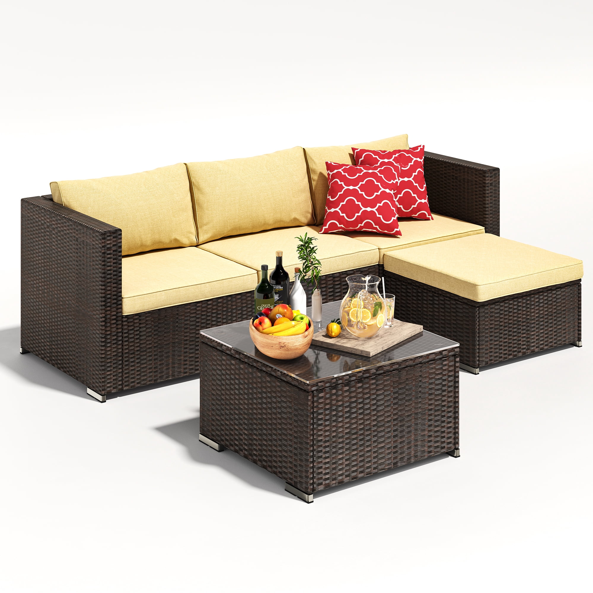 Asofer Outdoor Sectional Sofa Set PE Wicker Rattan Patio Furniture Set with a Glass Coffee Table for Backyard Porch Poolside Patio,Beige