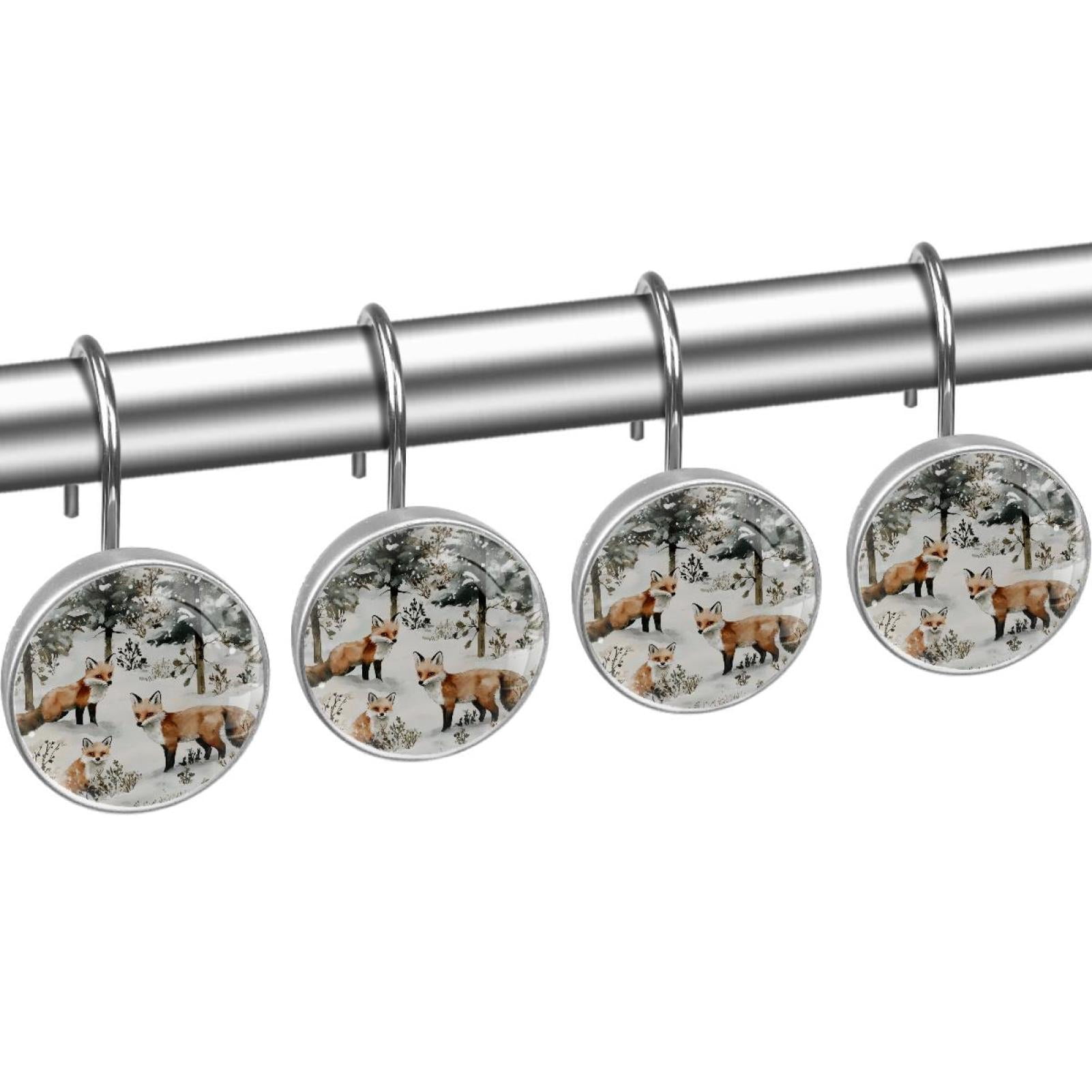 Watercolor Fox Family Shower Curtain Hooks Round Crystal Glass, Set of 12 Shower Curtain Rings - Shower Hooks for Curtain Shower Rings