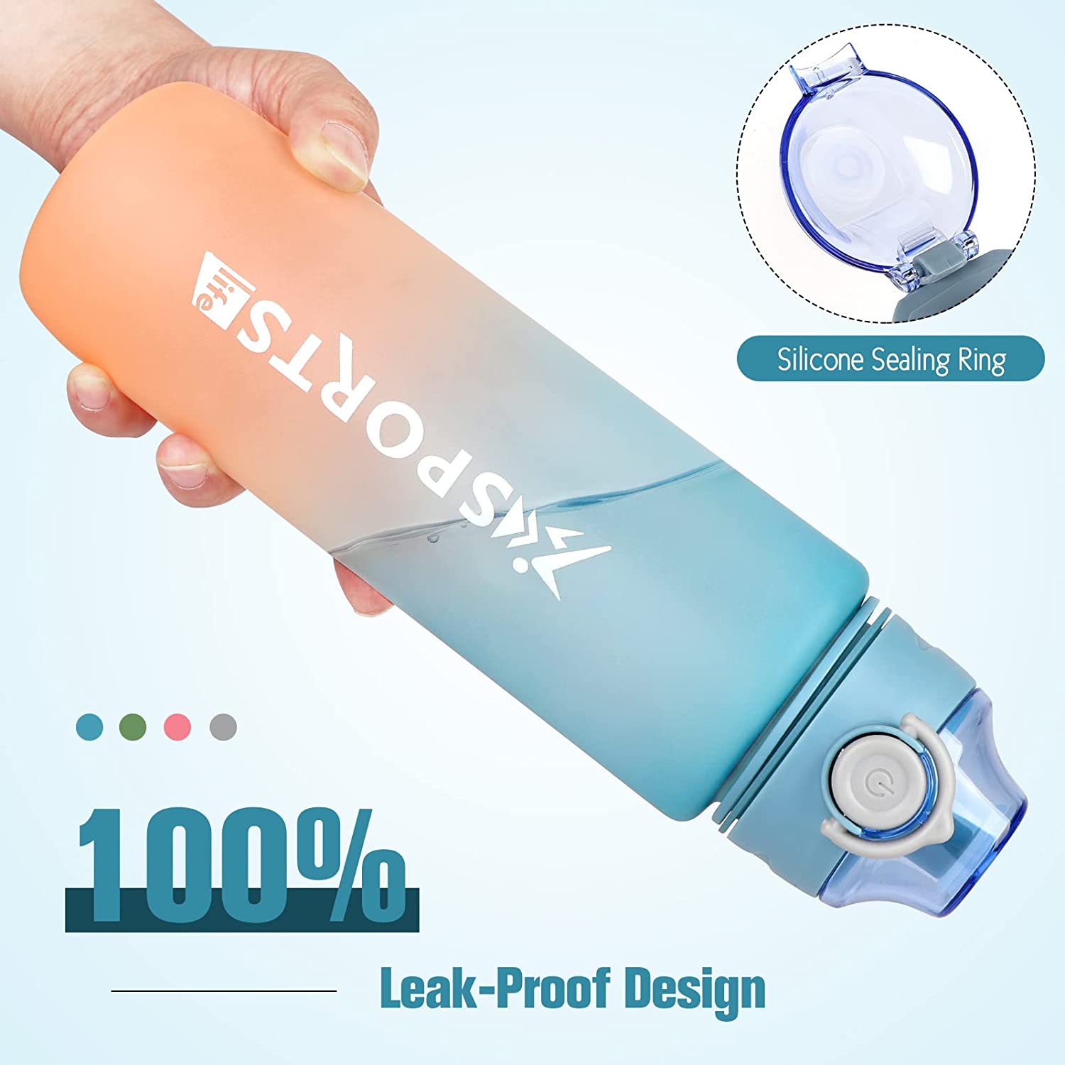 Gourde Sport 1 Litre Sans BPA - Avec Indicateur De Temps Et Paille, étanche, Bleu-vert