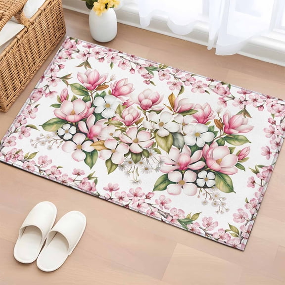 Bathroom Rugs 2x3 Ft, Spring Floral Non Slip Area Rugs for Kitchen Bedroom Entryway, Retro Pink Orchid Flowers Leaves Botanical Washable Carpet Runner Rug Floor Mats for Bedroom Home Decor