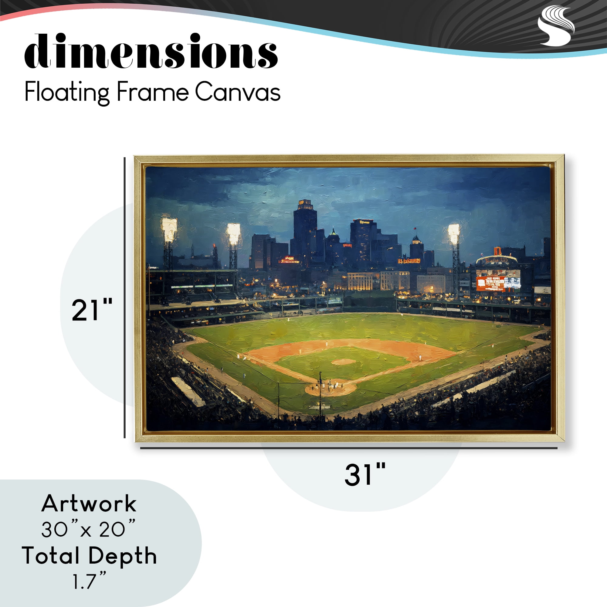 Baseball Stadium at Night Gold Framed Floater Canvas Wall Art, design by Arlington Prints