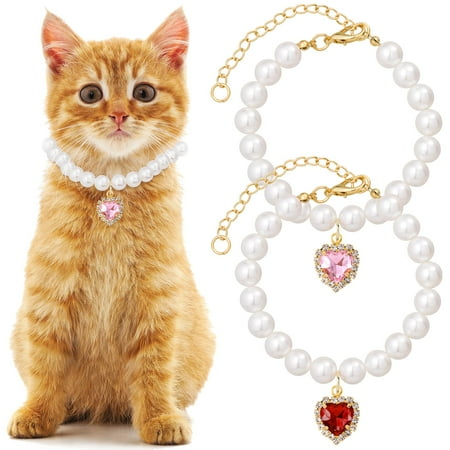 Mxxipp 2pcs Cat Pearl Collar with Heart Pendant  Cute Pearl Pet Necklace in Small  Adjustable Wedding Party Small Dog Jewelry Accessories for Puppy Kitten- Pink & Red C43