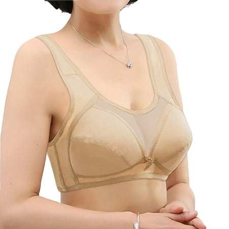 REORIAFEE Comfortable Bras for Women Gathered Together Wireless Bras Solid Adjustable Straps Brassiere Comfy Wide Strap Breathable Corset Underwear Comfortable Classic Support Lingerie Beige M