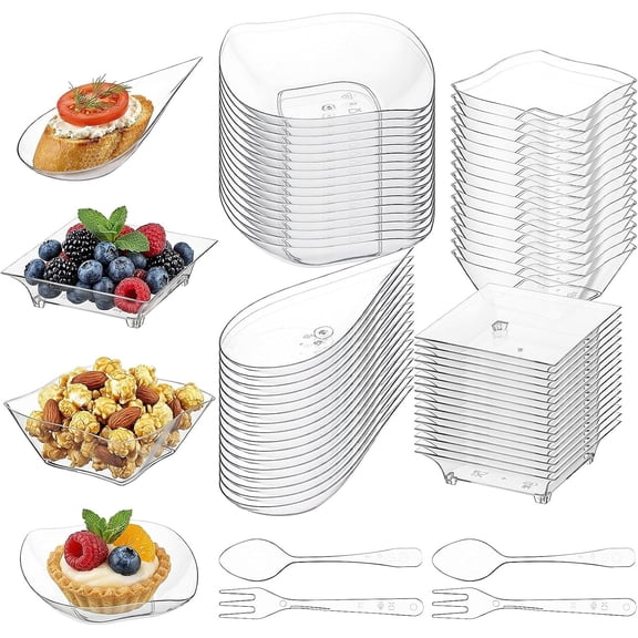 200 count Mini Appetizer Plates with Spoons and Forks, Clear Disposable Dessert Bowls and Serving Trays, Plastic Individual Party Plates for Appetizers, Tastings, Desserts