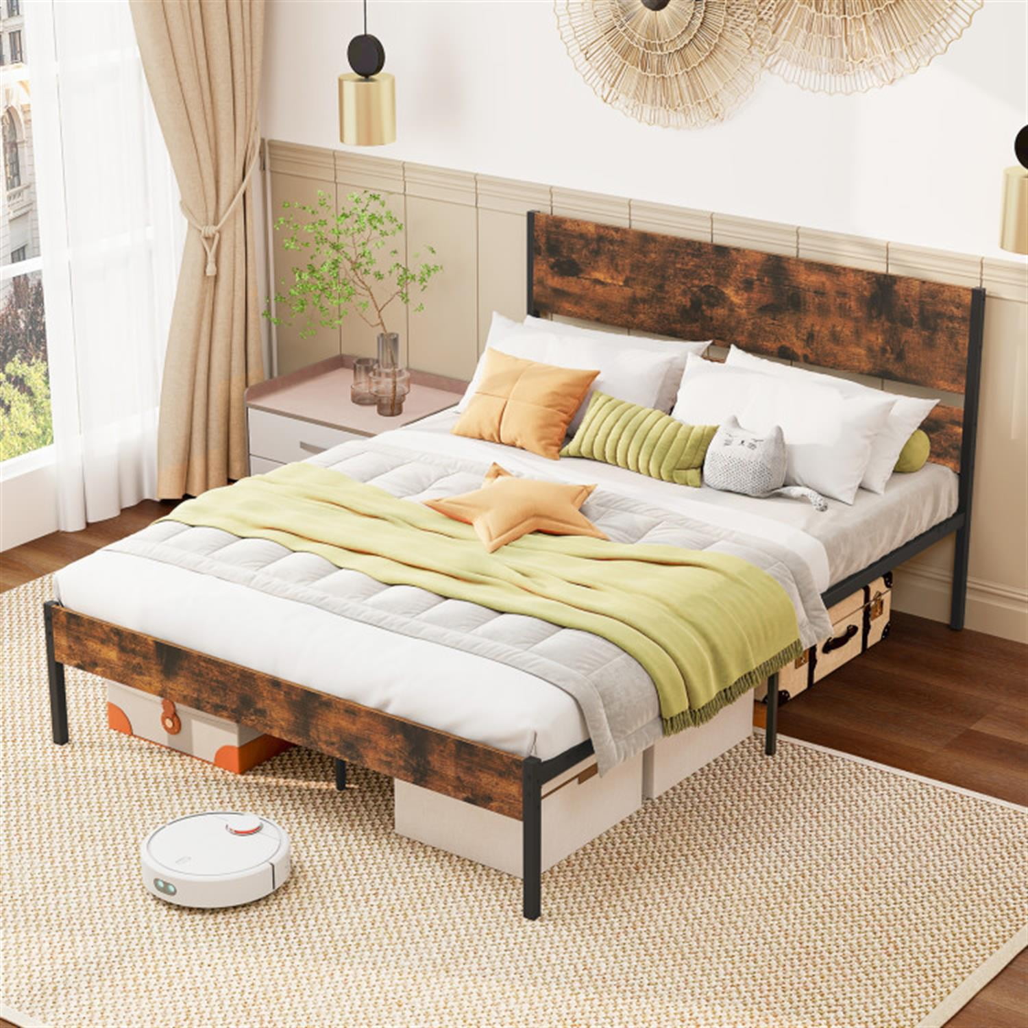 Demi Bonn Queen Size Bed Frame with Wooden Headboard and Footboard, Modern Metal Platform Bed Frame with Under Bed Storage, No Box Spring Needed, Brown