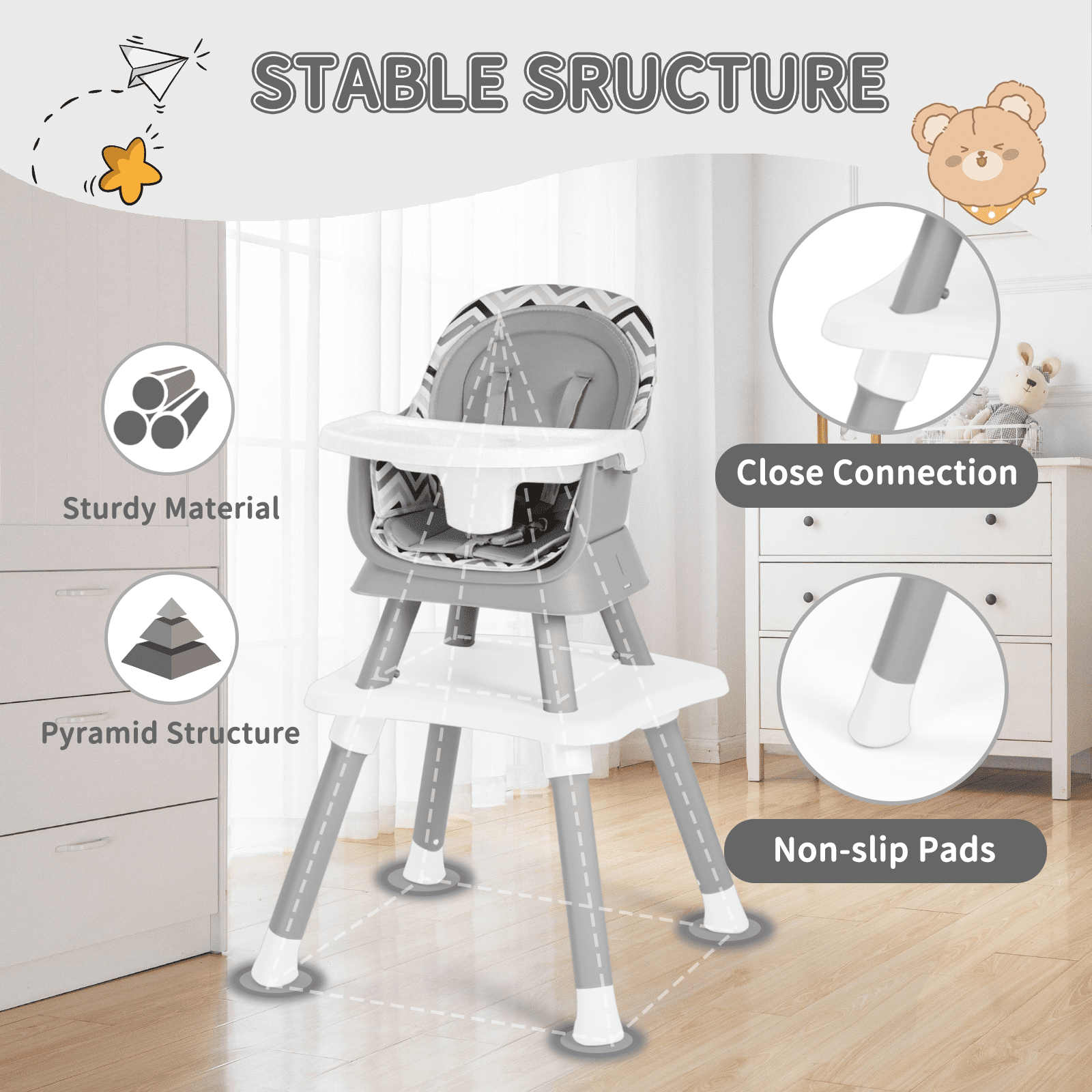 LINLUX 8 in 1 Convertible High Chair for Babies, Feeding Booster Seat for Toddlers, Chevron