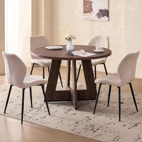 5 Piece 47'' Round Dining Table Chairs Set for 4, Farmhouse Oak Kitchen Table with 4 Scandi Mid Century Modern Dinning Room Chairs, Wood Dinner Table &Upholstered Fabric Chairs Set of 4, Beige