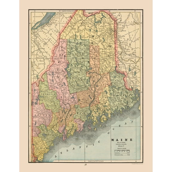 Historic State Map - Maine - Cram 1888 - 23 x 29.66 - Vintage Wall Art