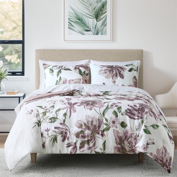 Madison Park Essentials 7 Piece Queen Floral Comforter Set, Soft Brushed Bed in A Bag with Bed Sheets, Spring Lavender Comforter Bed Set, Bedding Sets with Flat Sheet and Fitted Sheet for Girls